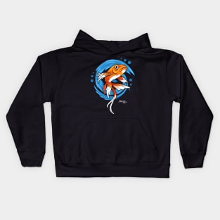 Carp Koi Fish on Blue waves Kids Hoodie